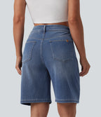 Asymmetric High Waisted Washed Denim Casual Shorts 9'' with Pockets — Blue Jasper Denim — view 2