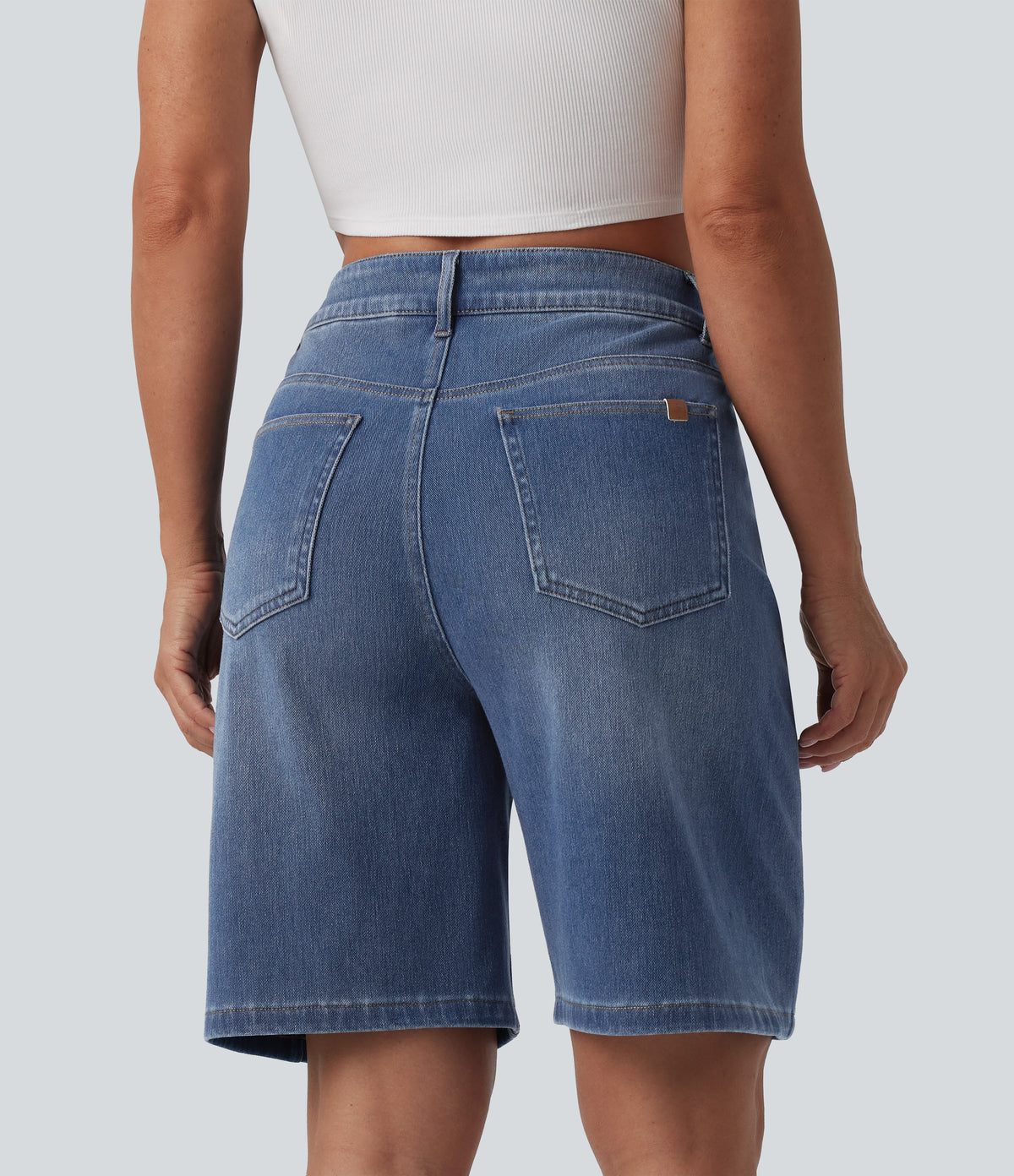Asymmetric High Waisted Washed Denim Casual Shorts 9'' with Pockets — Blue Jasper Denim — view 2