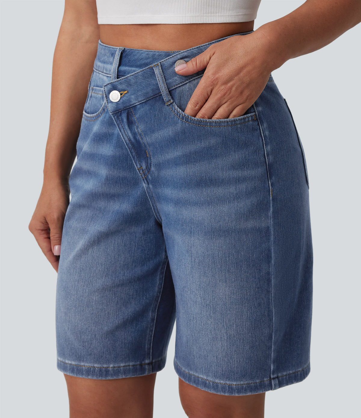 Asymmetric High Waisted Washed Denim Casual Shorts 9'' with Pockets — Blue Jasper Denim — view 1