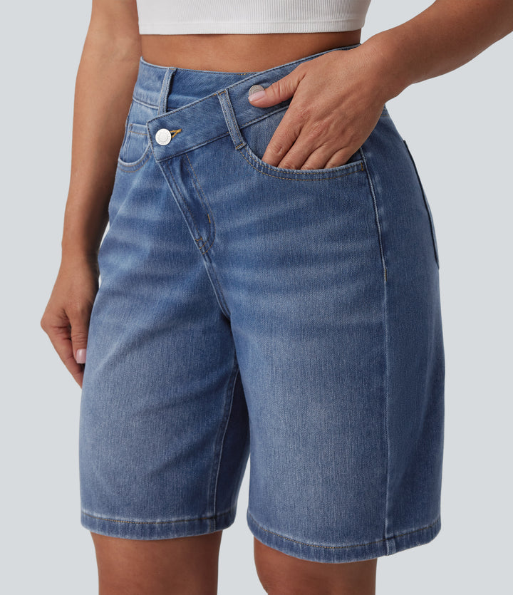 Asymmetric High Waisted Washed Denim Casual Shorts 9'' with Pockets — Blue Jasper Denim — view 1