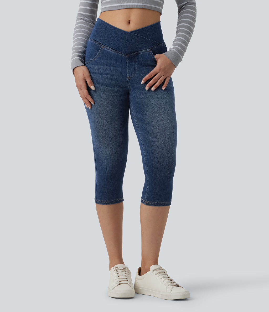 Crossover High Waisted Denim Capri Casual Leggings with Pockets — Estate Blue Denim — view 3