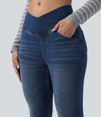Crossover High Waisted Denim Capri Casual Leggings with Pockets — Estate Blue Denim — view 4