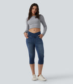 Crossover High Waisted Denim Capri Casual Leggings with Pockets — Estate Blue Denim — view 6
