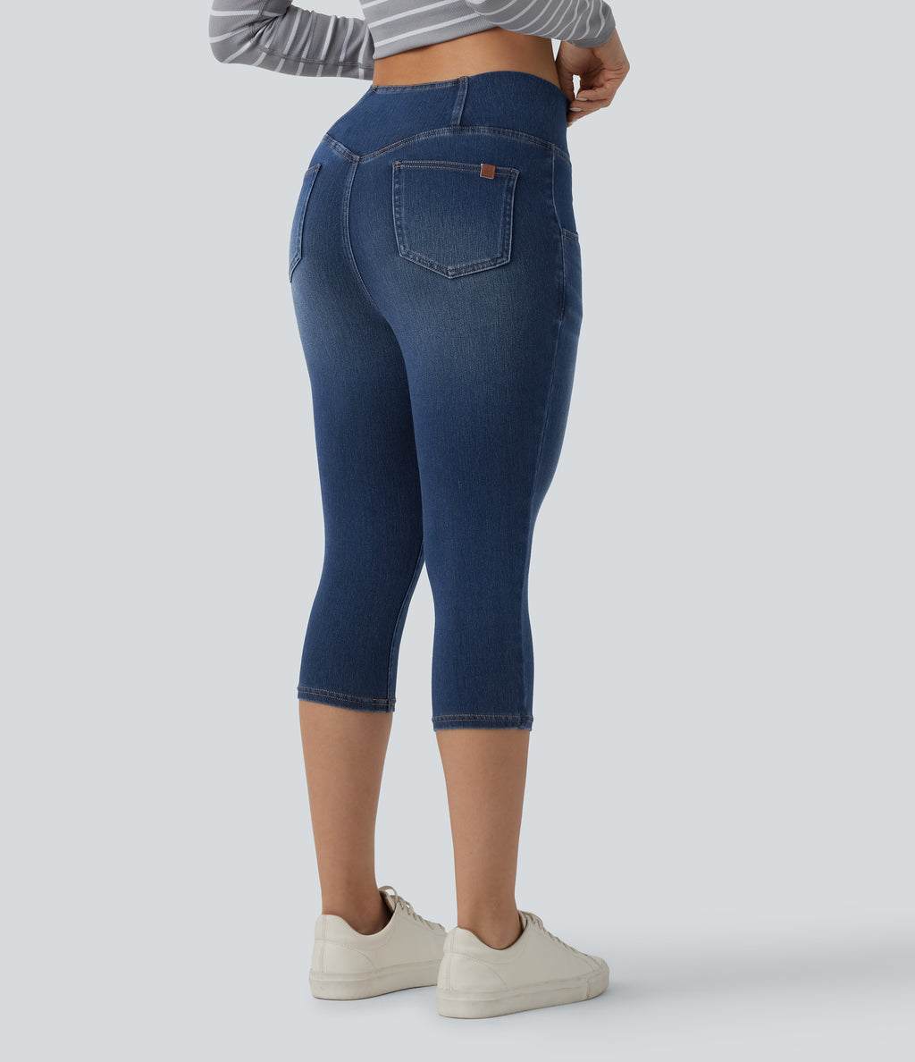 Crossover High Waisted Denim Capri Casual Leggings with Pockets — Estate Blue Denim — view 2
