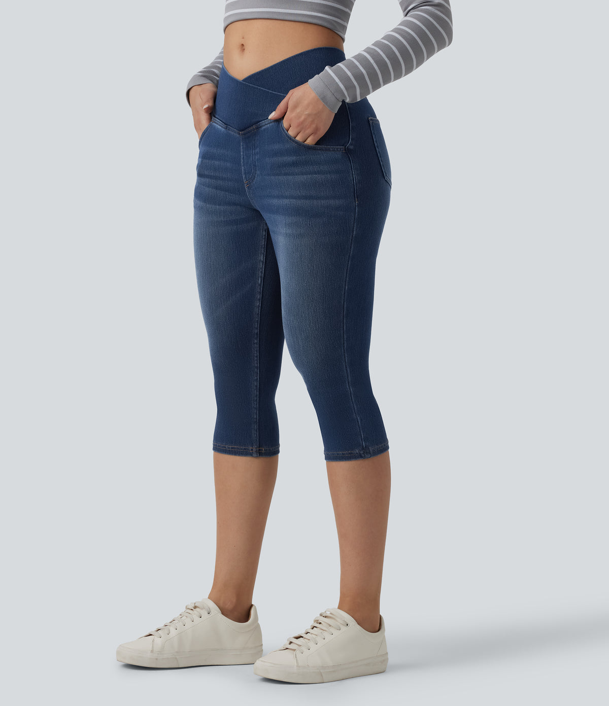 Crossover High Waisted Denim Capri Casual Leggings with Pockets — Estate Blue Denim — view 1