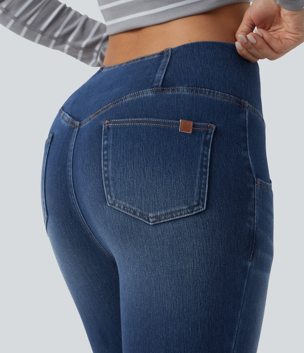 Crossover High Waisted Denim Capri Casual Leggings with Pockets — Estate Blue Denim — view 5