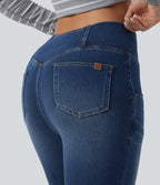 Crossover High Waisted Denim Capri Casual Leggings with Pockets — Estate Blue Denim — view 5