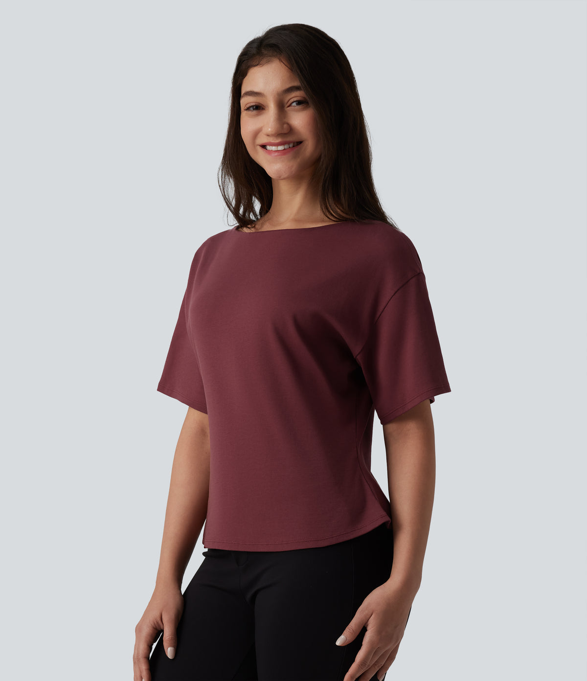 Boat Neck Short Sleeve Work Pima Cotton T-Shirt — New Maroon — view 3