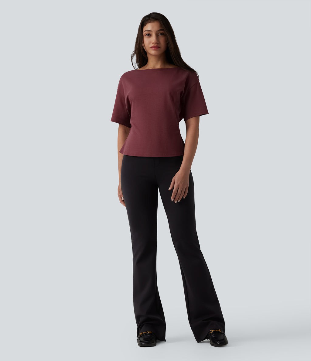 Boat Neck Short Sleeve Work Pima Cotton T-Shirt — New Maroon — view 5