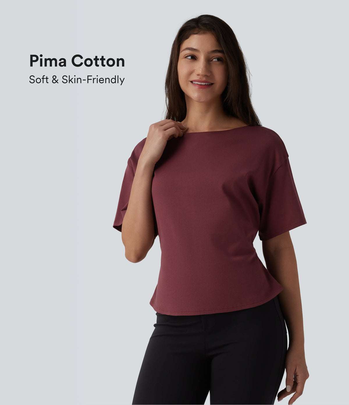 Boat Neck Short Sleeve Work Pima Cotton T-Shirt — New Maroon — view 1