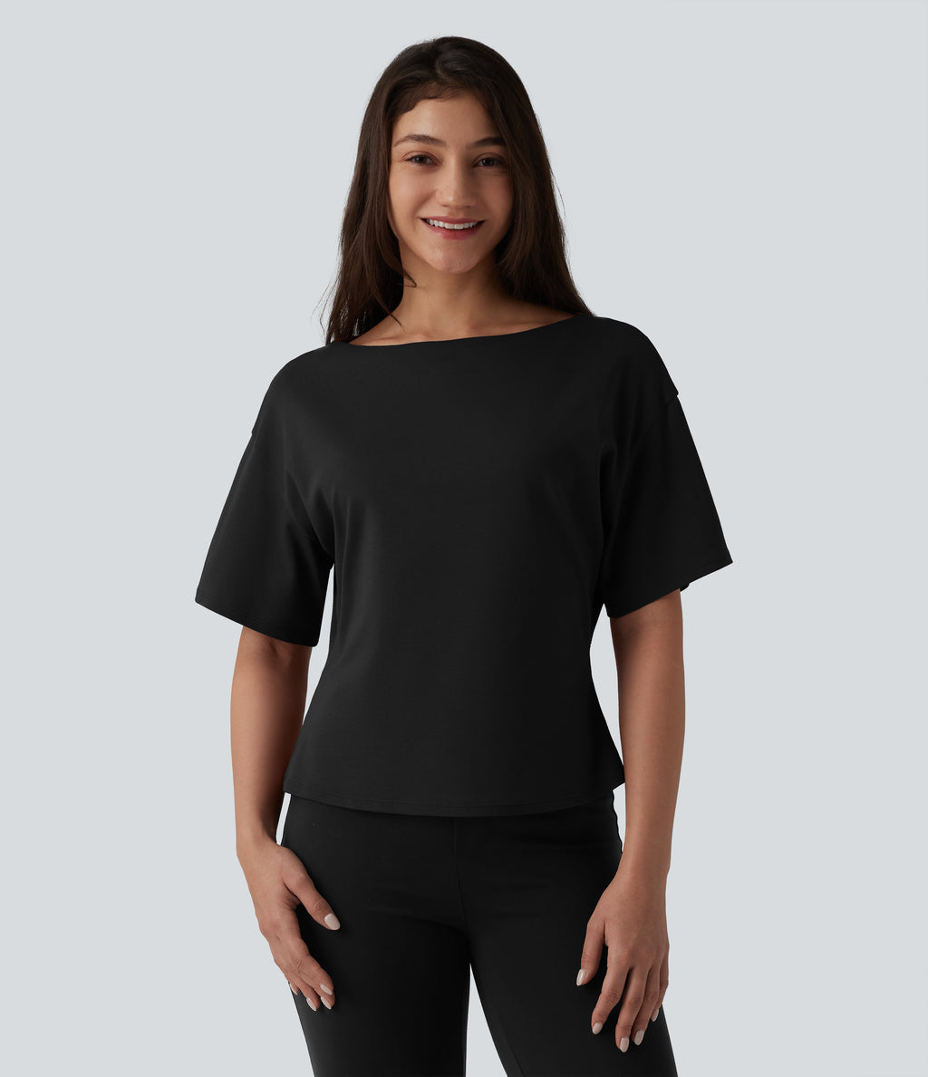 Boat Neck Short Sleeve Work Pima Cotton T-Shirt — Black — view 6