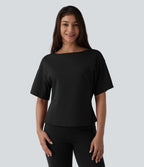 Boat Neck Short Sleeve Work Pima Cotton T-Shirt — Black — view 6
