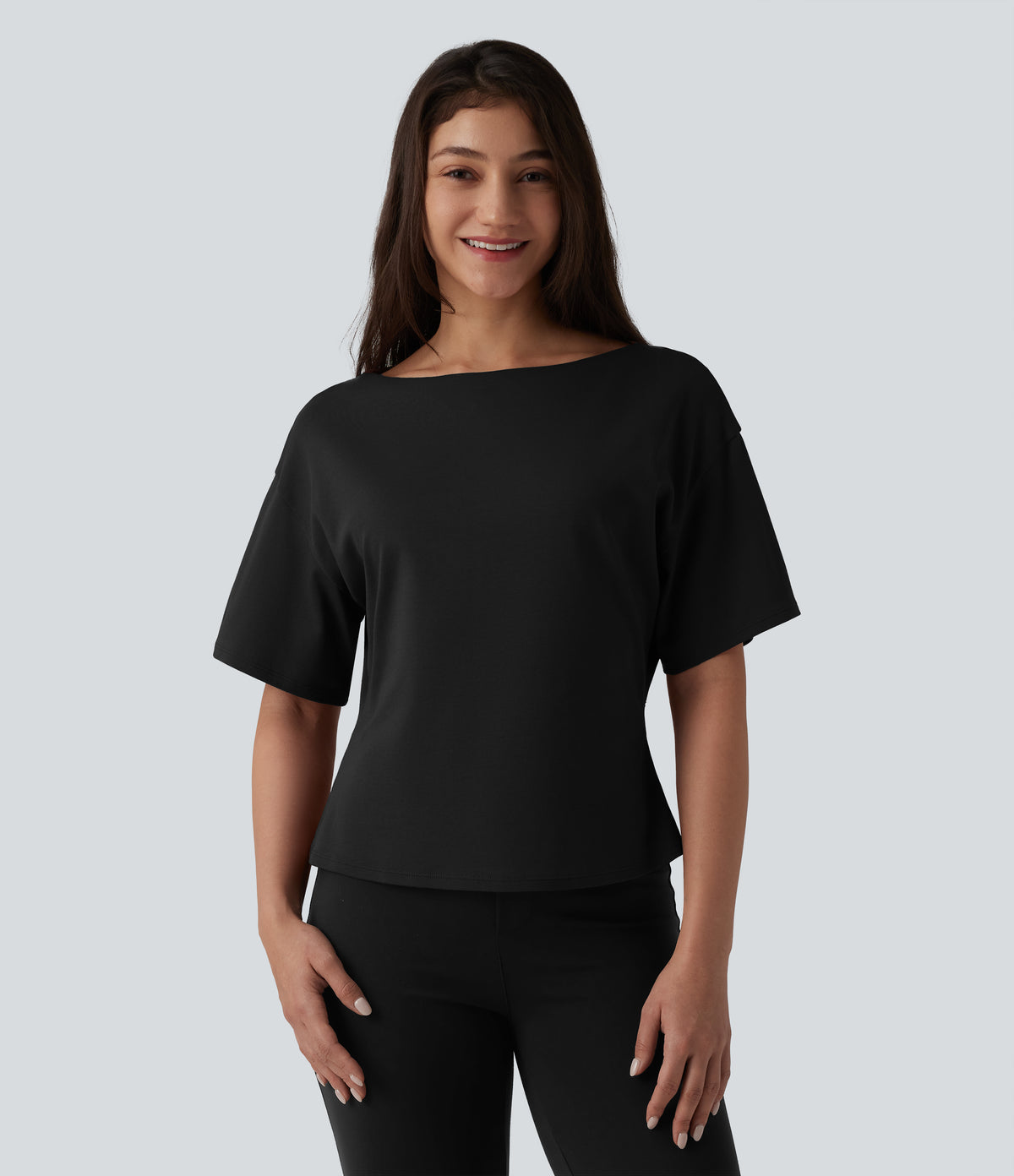 Boat Neck Short Sleeve Work Pima Cotton T-Shirt — Black — view 6