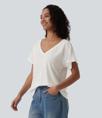 V Neck Raglan Short Sleeve Relaxed Casual T-Shirt — White — view 3