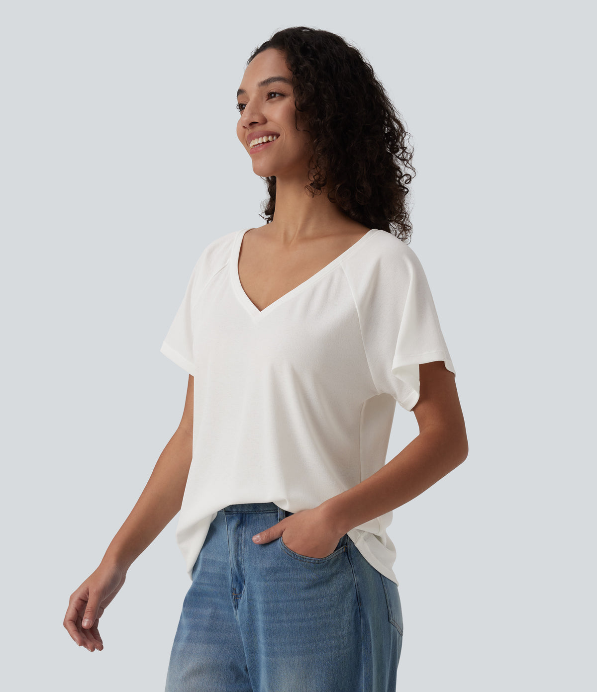 V Neck Raglan Short Sleeve Relaxed Casual T-Shirt — White — view 3