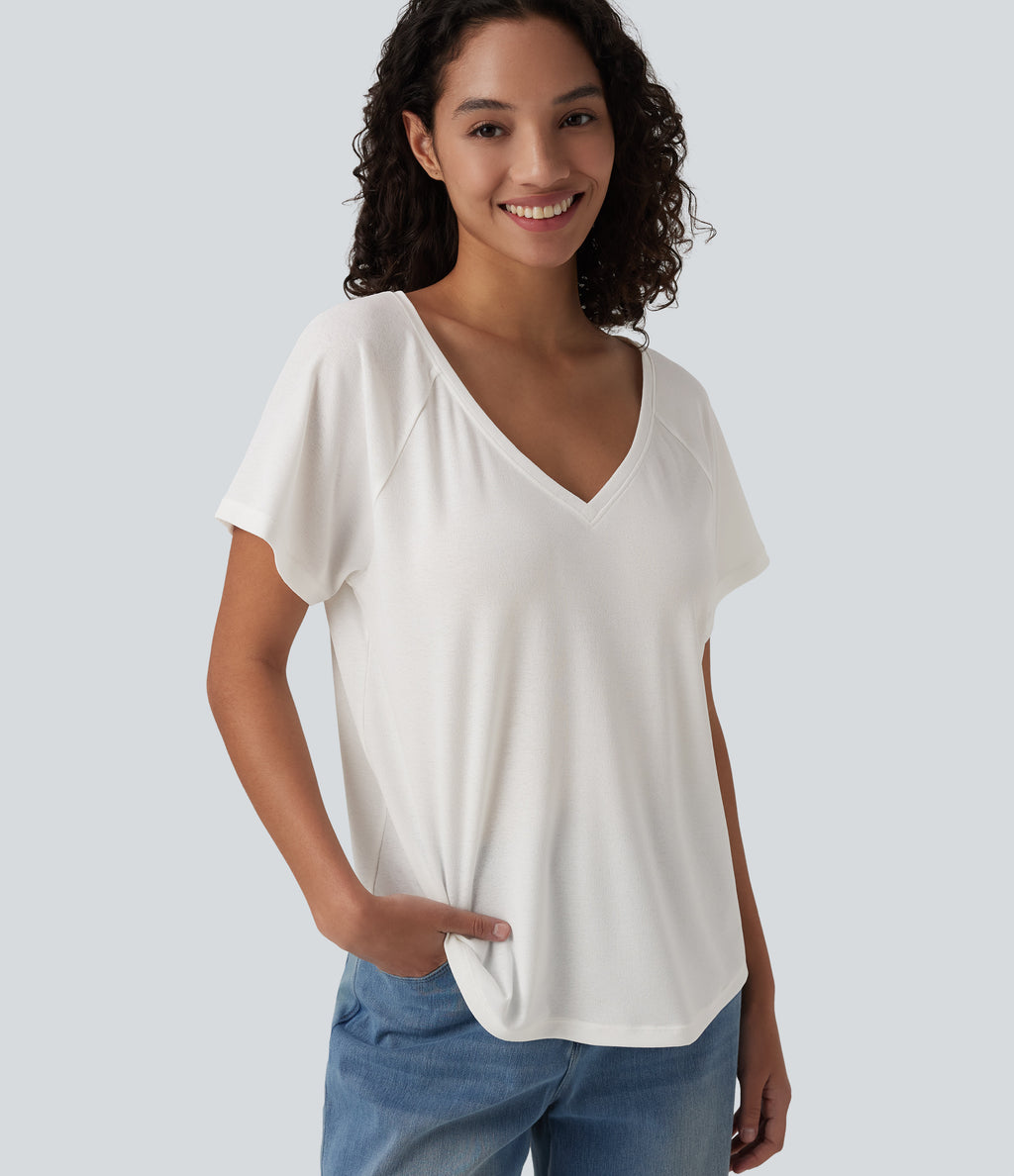 V Neck Raglan Short Sleeve Relaxed Casual T-Shirt — White — view 1