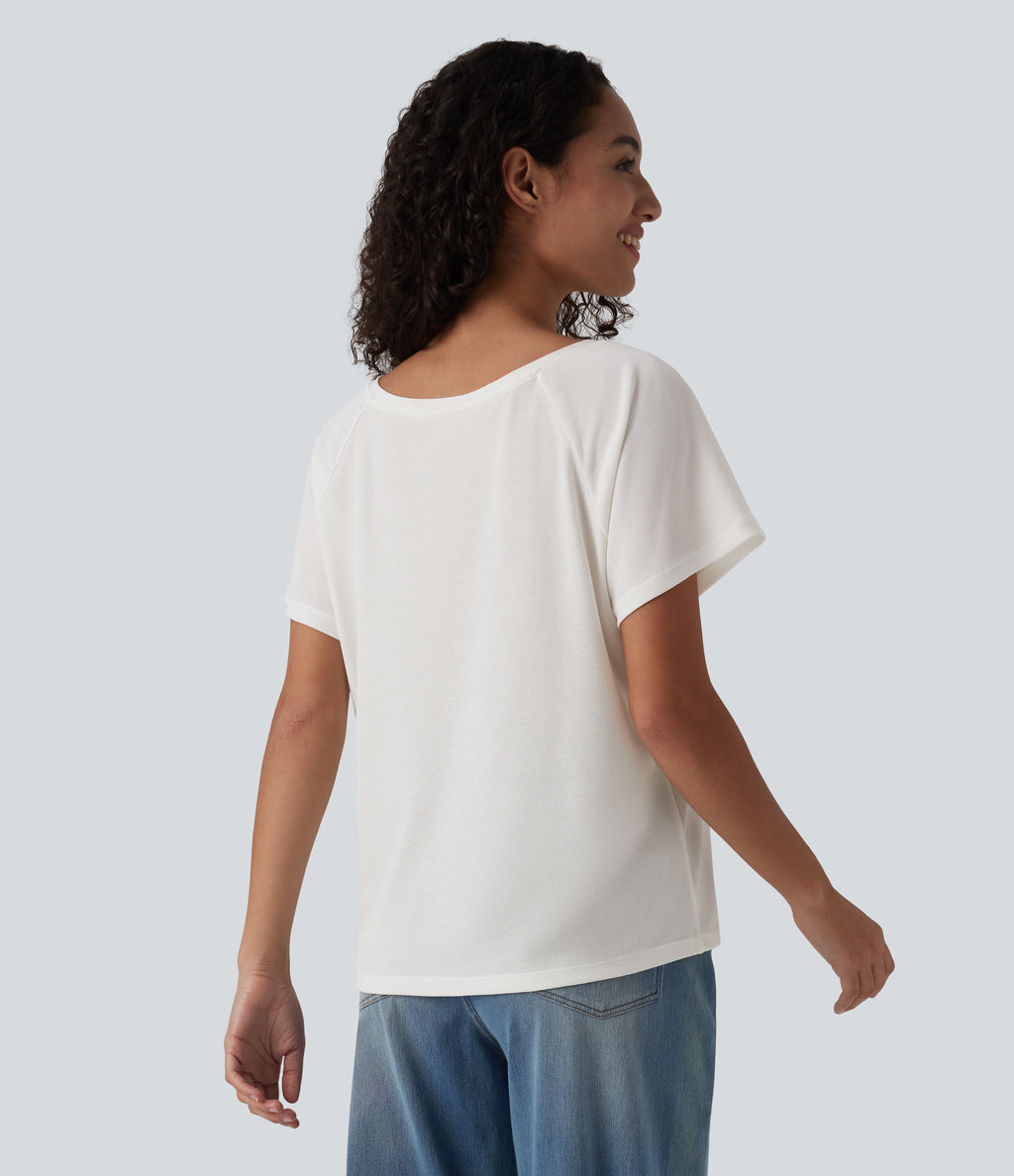 V Neck Raglan Short Sleeve Relaxed Casual T-Shirt — White — view 2