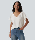 V Neck Raglan Short Sleeve Relaxed Casual T-Shirt — White — view 4