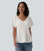 V Neck Raglan Short Sleeve Relaxed Casual T-Shirt — White — view 5