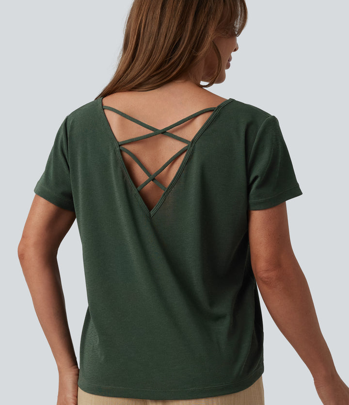 V-neck Batwing Sleeve Crisscross Backless Casual T-Shirt — Dark Pine Green — view 1