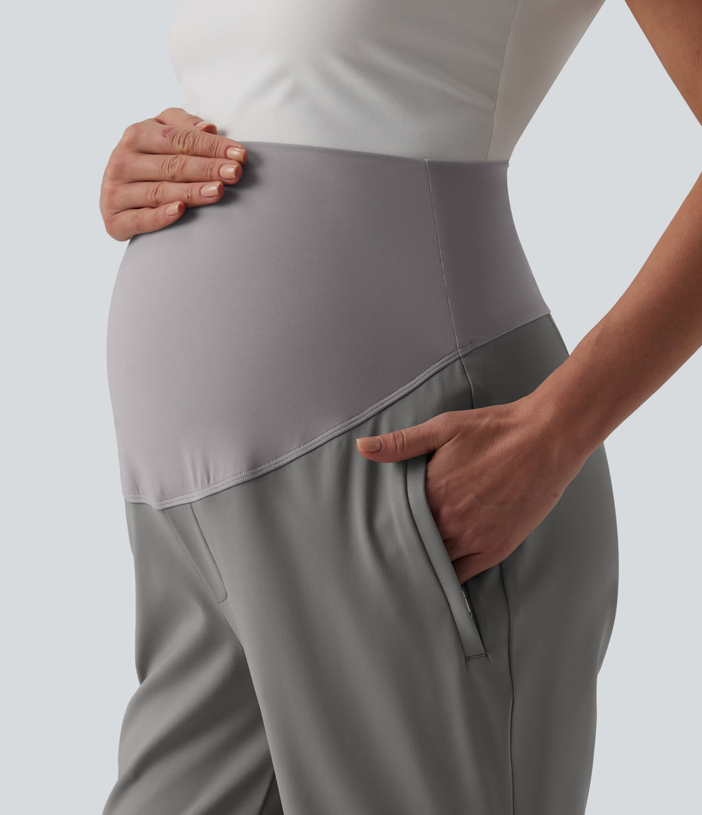 Super High Waisted Work Maternity Flare Trousers with Zipper Pockets — Silent Storm — view 4