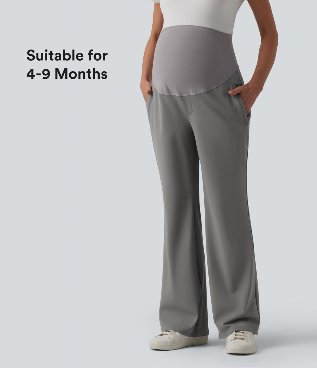 Super High Waisted Work Maternity Flare Trousers with Zipper Pockets — Silent Storm — view 1