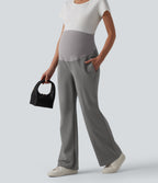 Super High Waisted Work Maternity Flare Trousers with Zipper Pockets — Silent Storm — view 6