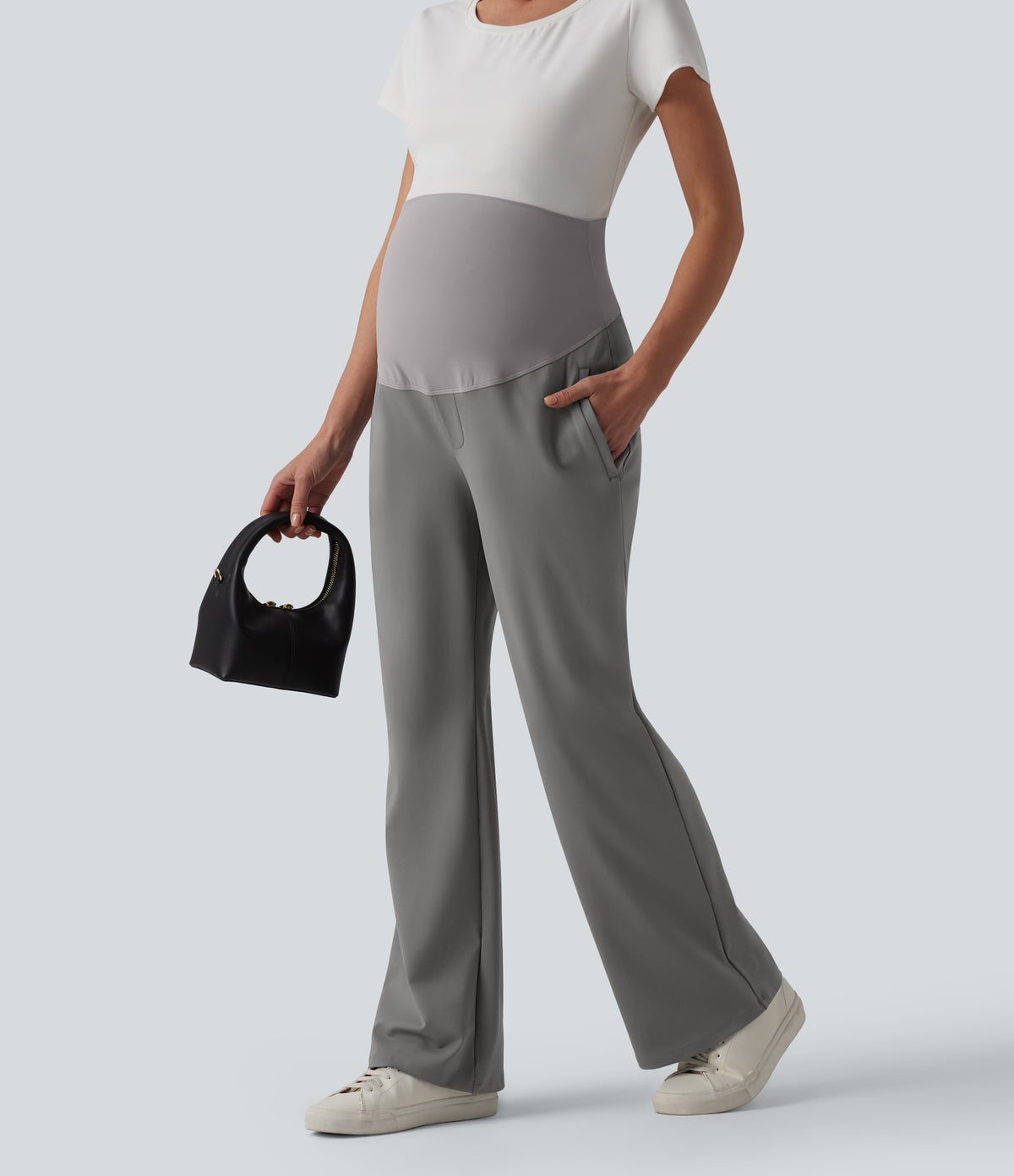 Super High Waisted Work Maternity Flare Trousers with Zipper Pockets — Silent Storm — view 6