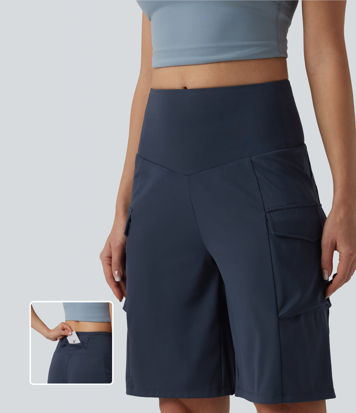Mid Rise Cargo Yoga Baggy Shorts with Pockets — Deep Navy — view 1