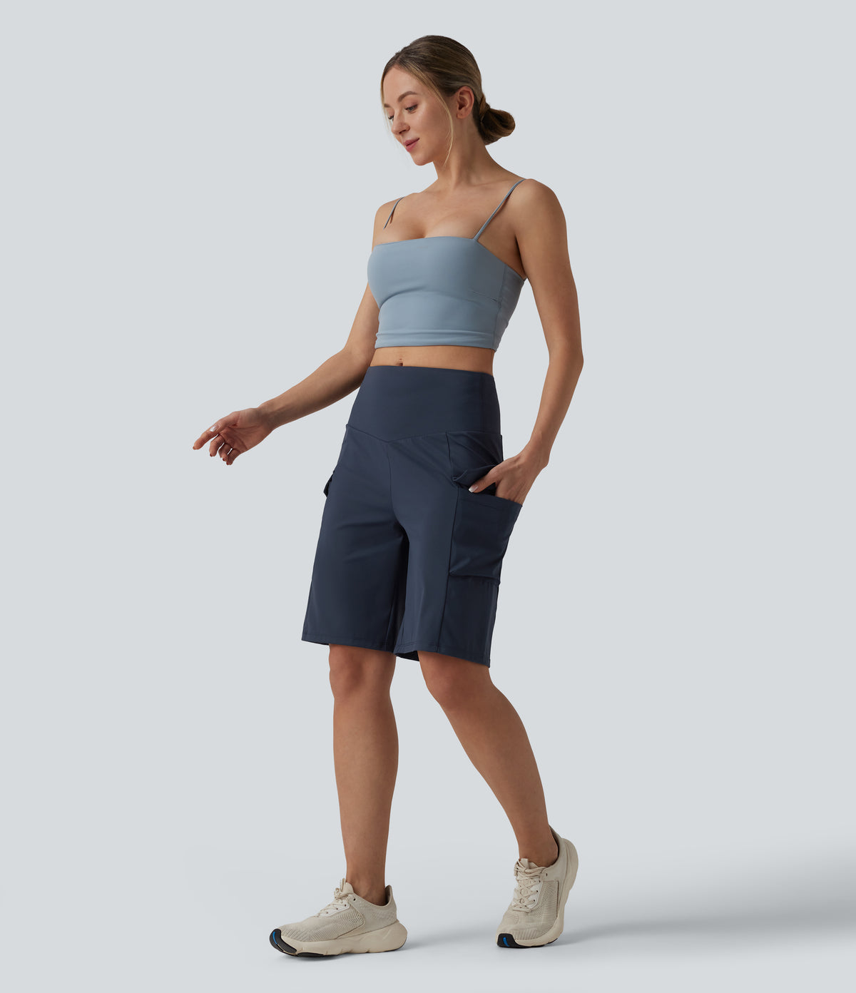 Mid Rise Cargo Yoga Baggy Shorts with Pockets — Deep Navy — view 7