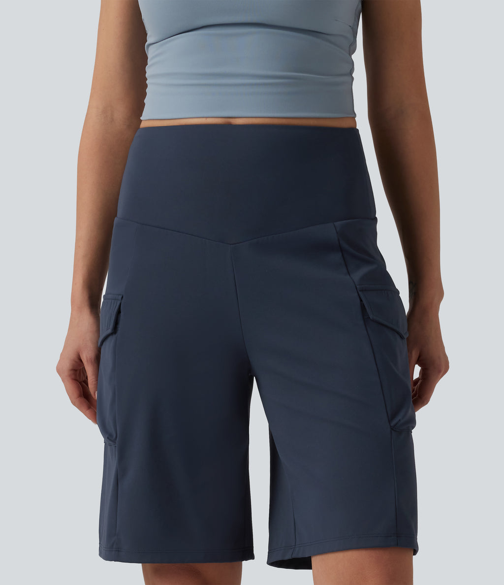 Mid Rise Cargo Yoga Baggy Shorts with Pockets — Deep Navy — view 3