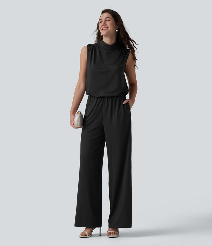 Stand Collar Sleeveless Straight Leg Bridesmaid And Wedding Guest Jumpsuit with Pockets — Black — view 1