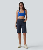Airy High Waisted Tummy Control InstantCool Yoga Baggy Shorts with Pockets — Mood Indigo — view 6