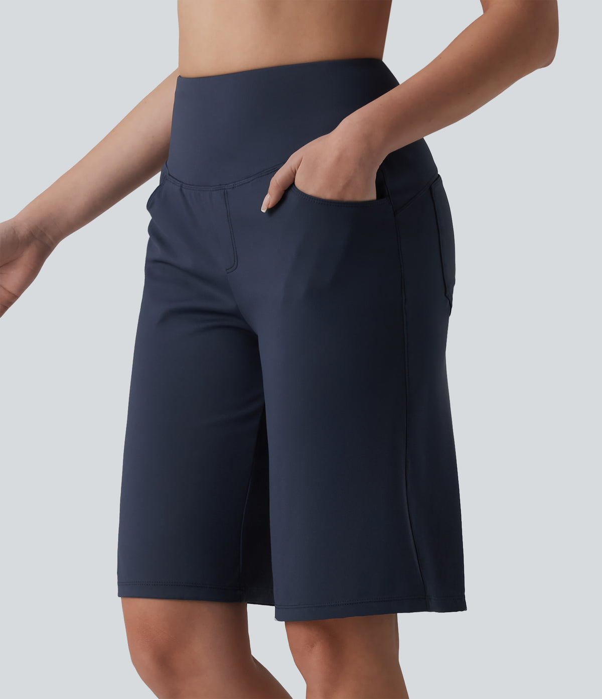 Airy High Waisted Tummy Control InstantCool Yoga Baggy Shorts with Pockets — Mood Indigo — view 3