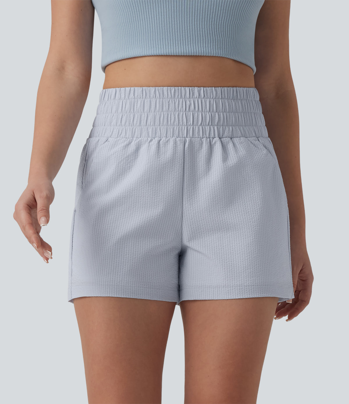 High Waisted Quick Dry Crinkle Casual Baggy Shorts with Pockets — Powder Blue Solid — view 3