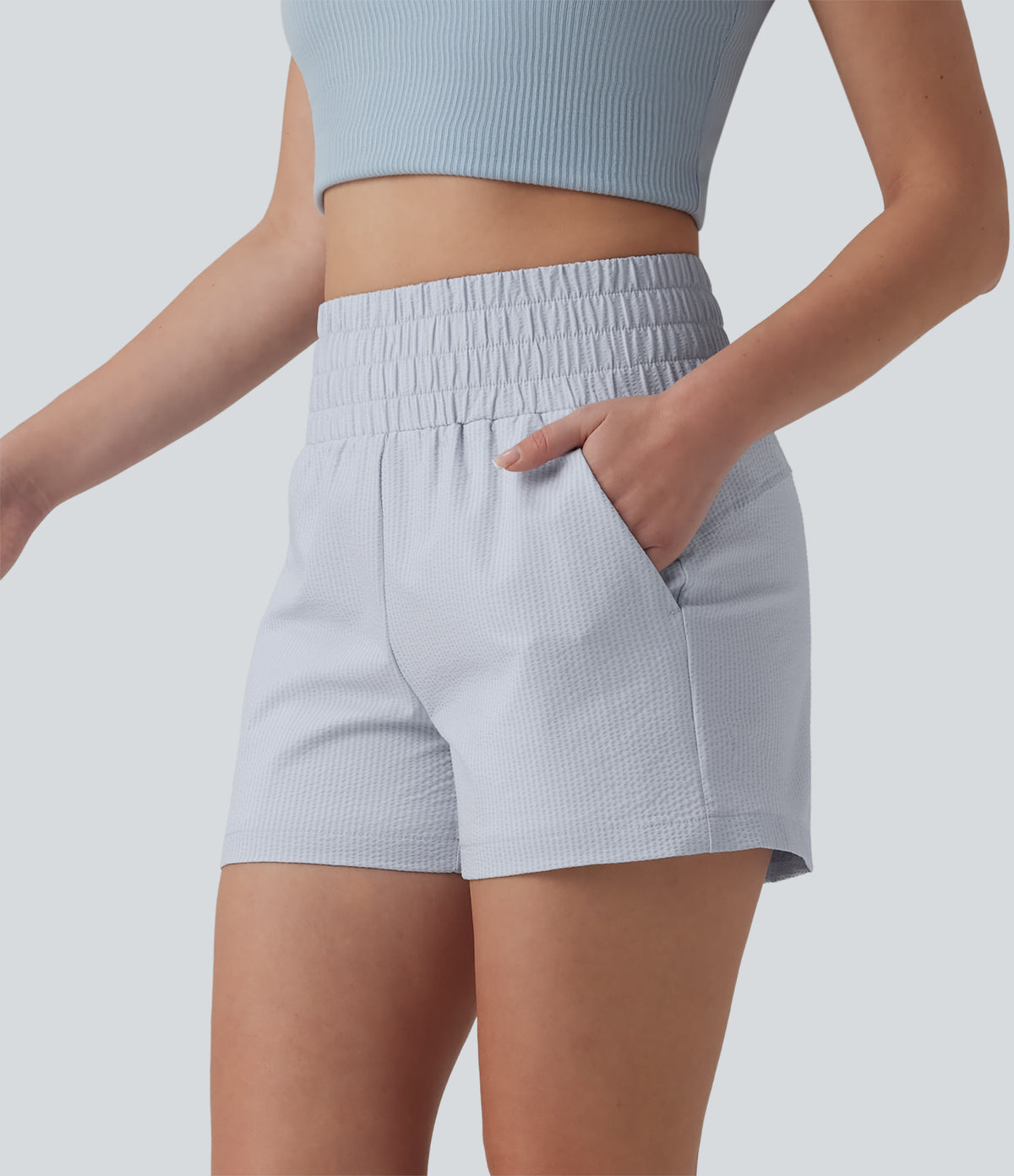 High Waisted Quick Dry Crinkle Casual Baggy Shorts with Pockets — Powder Blue Solid — view 1