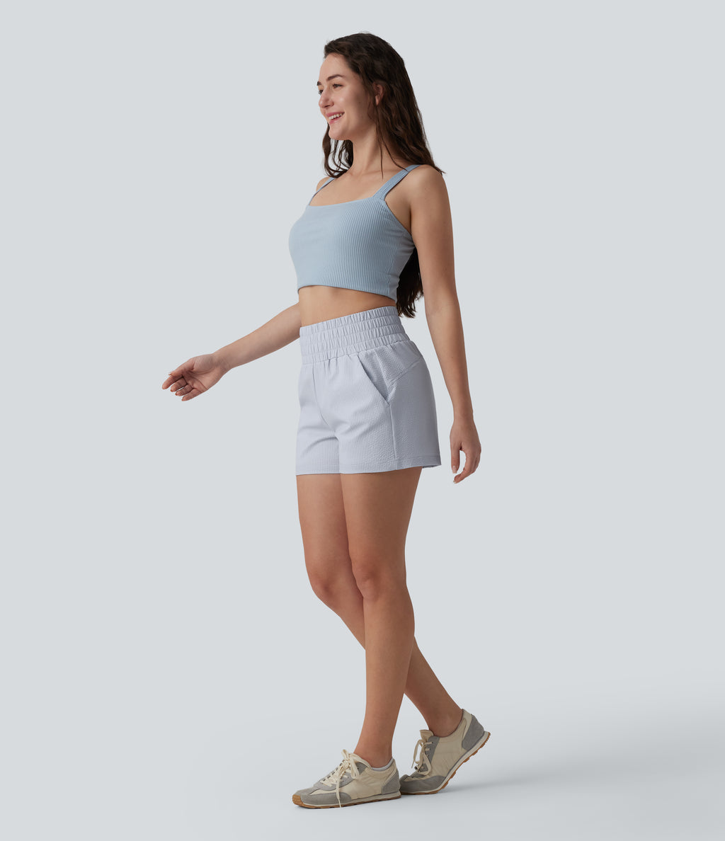 High Waisted Quick Dry Crinkle Casual Baggy Shorts with Pockets — Powder Blue Solid — view 6