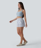 High Waisted Quick Dry Crinkle Casual Baggy Shorts with Pockets — Powder Blue Solid — view 6