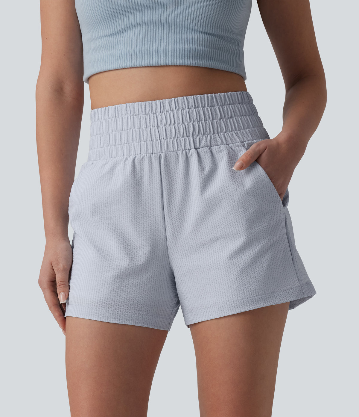 High Waisted Quick Dry Crinkle Casual Baggy Shorts with Pockets — Powder Blue Solid — view 5