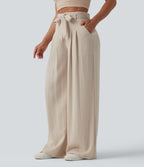 High Waisted Belted Linen-Feel Casual Baggy Trousers with Pockets — French Oak — view 1