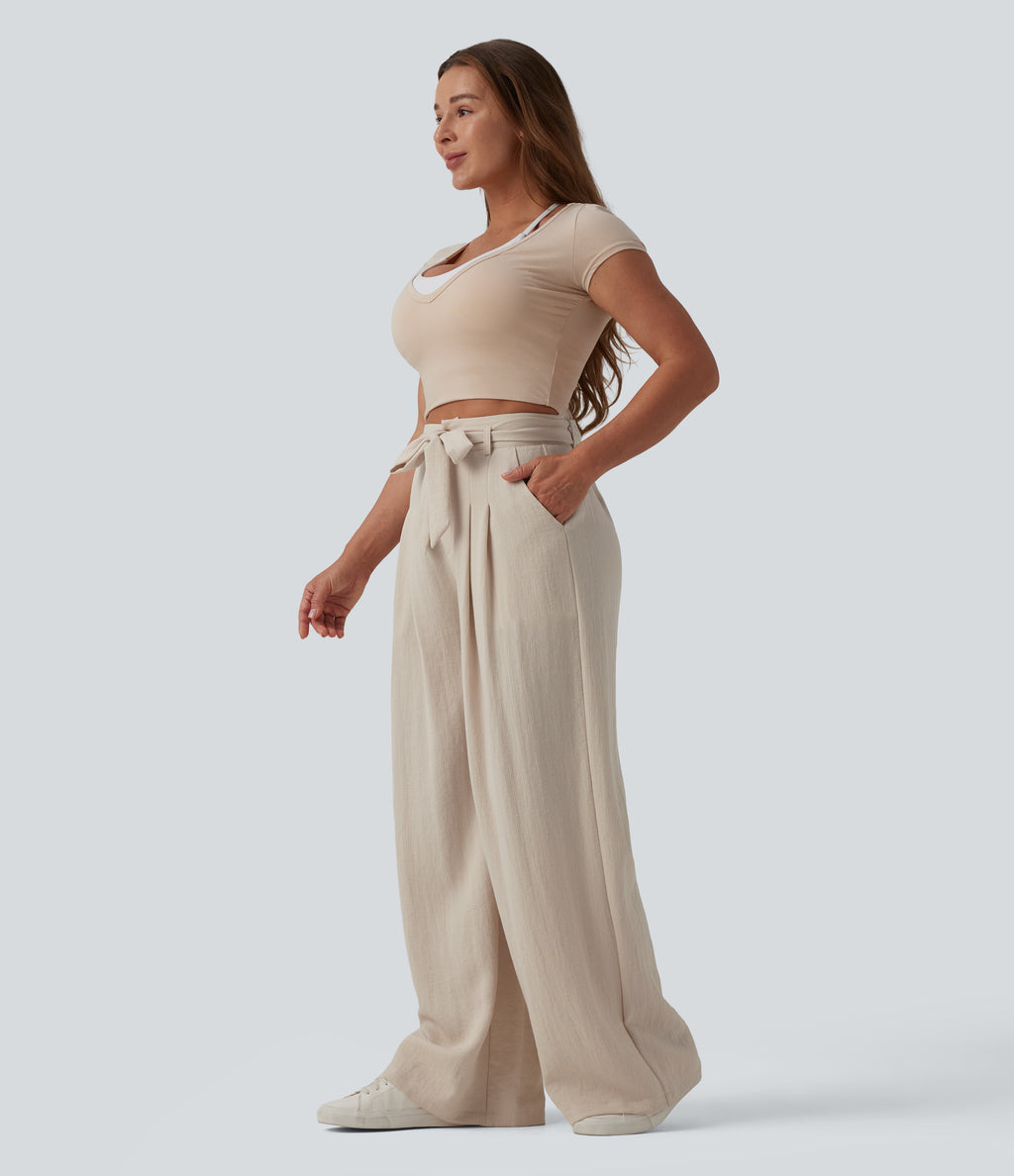 High Waisted Belted Linen-Feel Casual Baggy Trousers with Pockets — French Oak — view 6