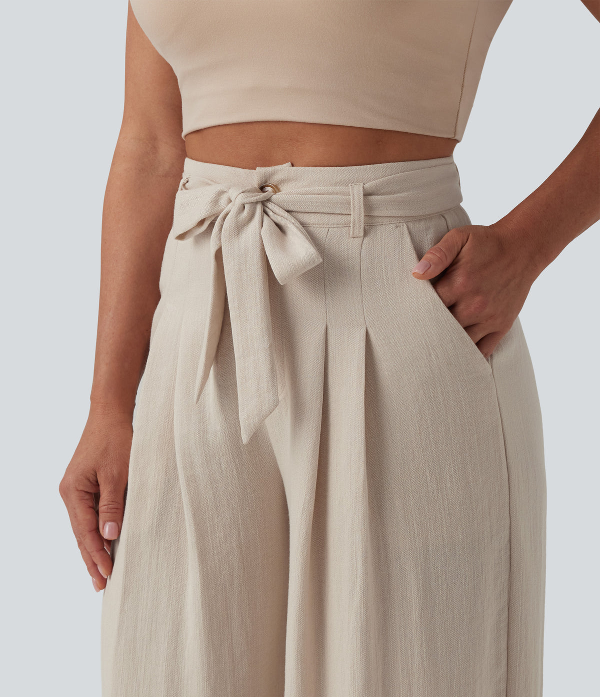 High Waisted Belted Linen-Feel Casual Baggy Trousers with Pockets — French Oak — view 4
