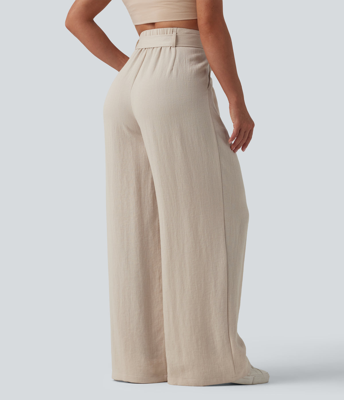 High Waisted Belted Linen-Feel Casual Baggy Trousers with Pockets — French Oak — view 2