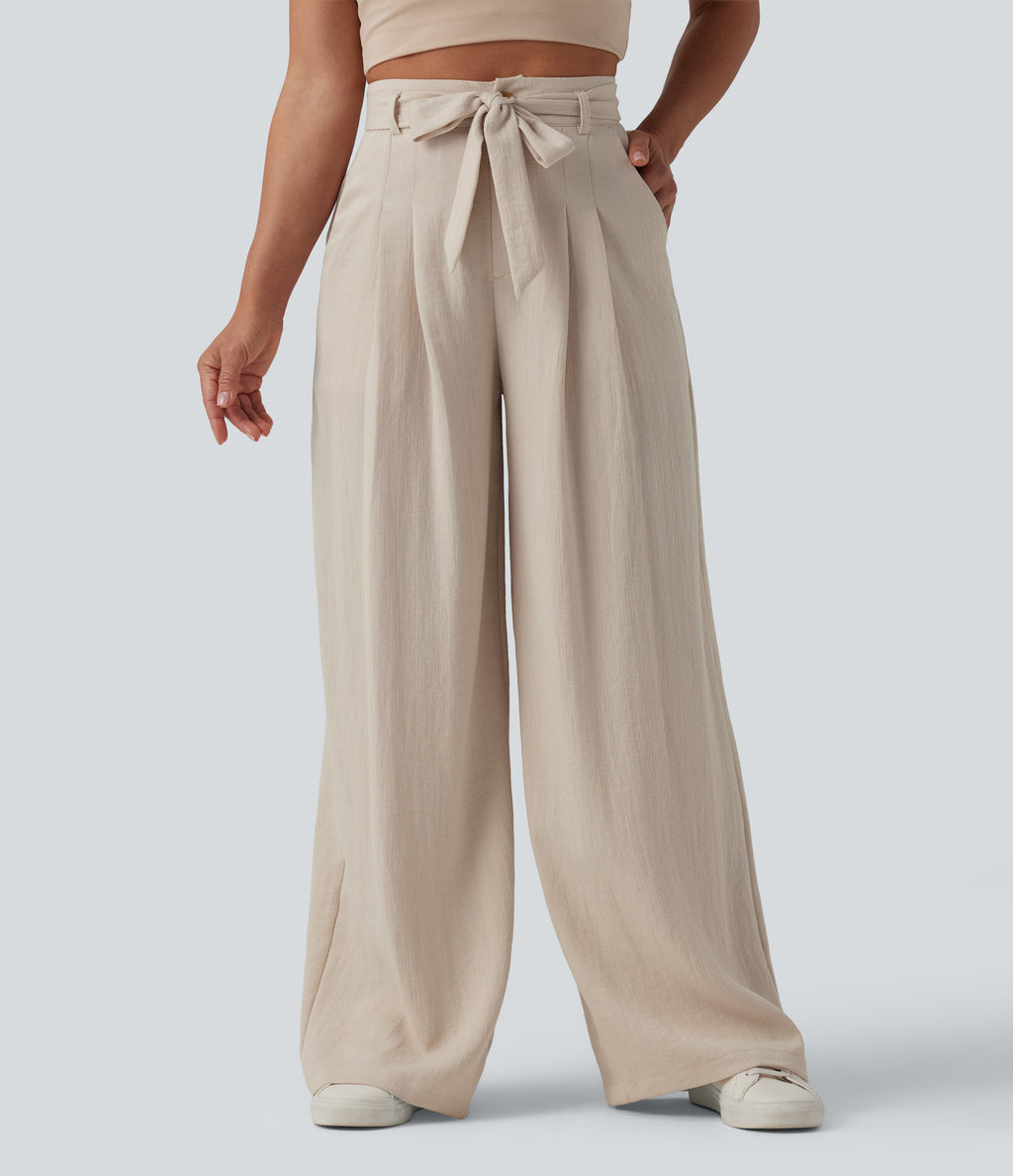 High Waisted Belted Linen-Feel Casual Baggy Trousers with Pockets — French Oak — view 3