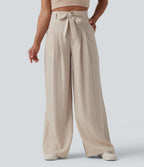 High Waisted Belted Linen-Feel Casual Baggy Trousers with Pockets — French Oak — view 3