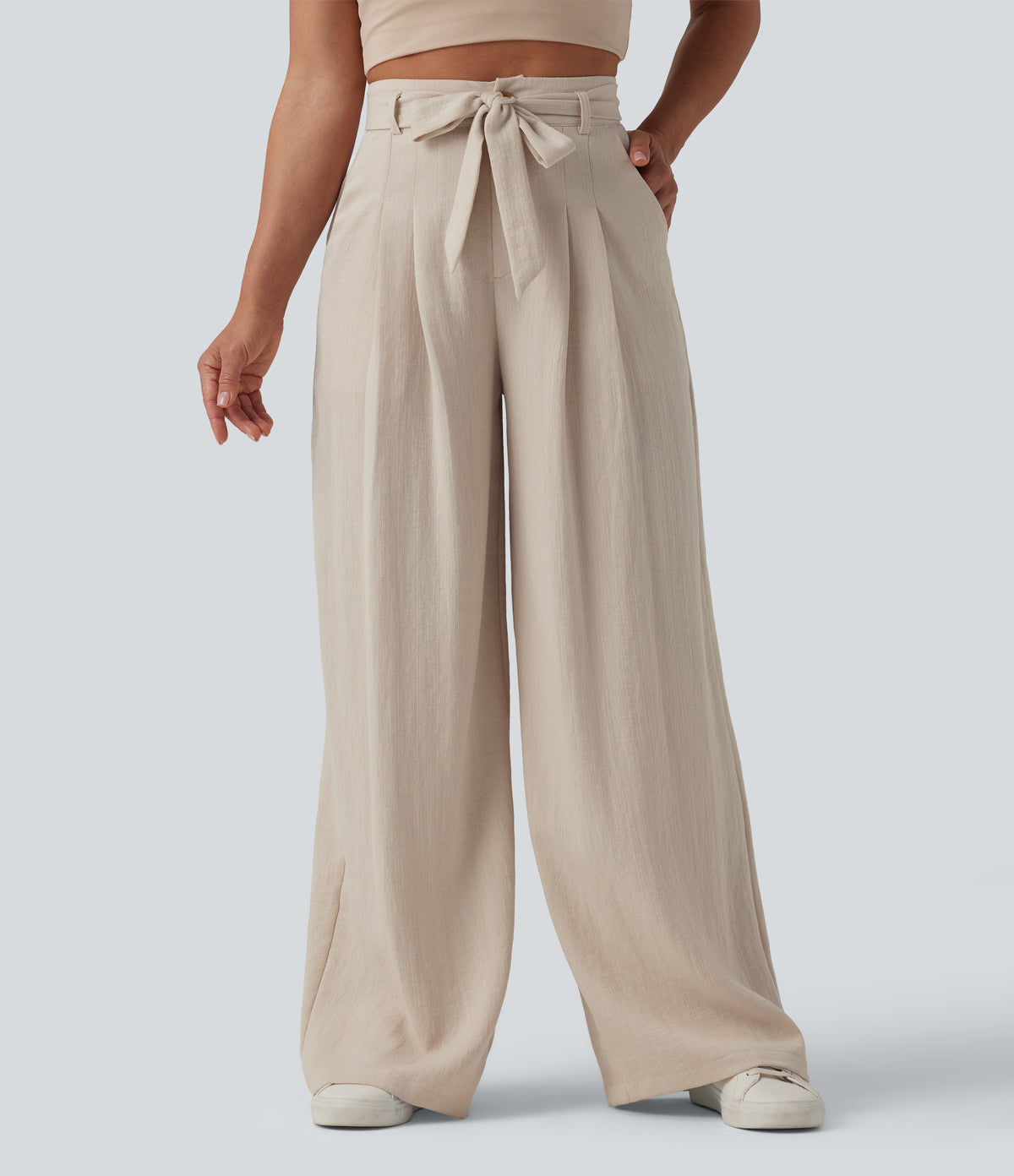 High Waisted Belted Linen-Feel Casual Baggy Trousers with Pockets — French Oak — view 3