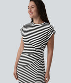 Round Neck Short Sleeve Asymmetrical Split Hem Stripes Waffle Casual Midi T-Shirt Dress — Black White Horizontal Stripe — view 4