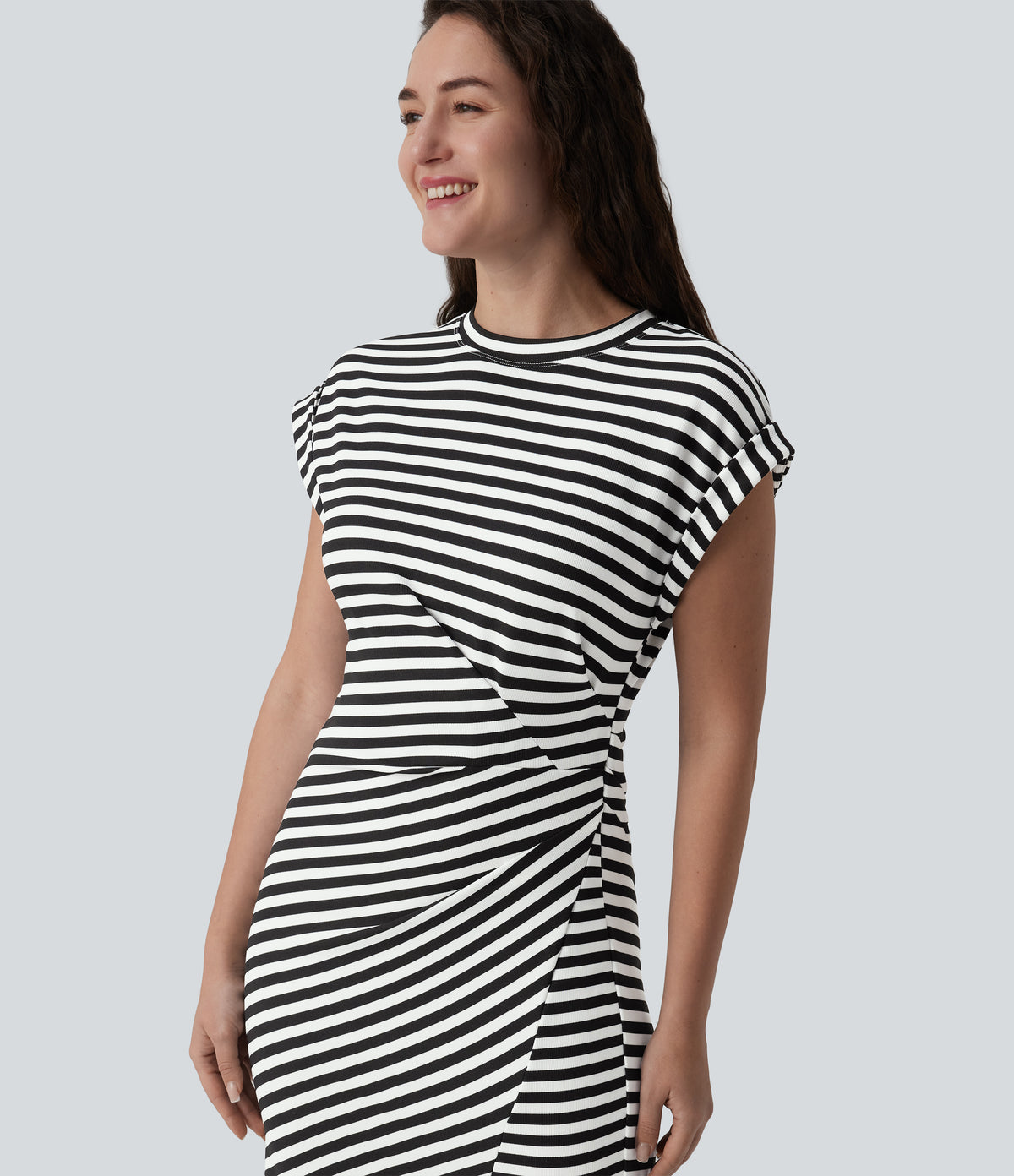 Round Neck Short Sleeve Asymmetrical Split Hem Stripes Waffle Casual Midi T-Shirt Dress — Black White Horizontal Stripe — view 4