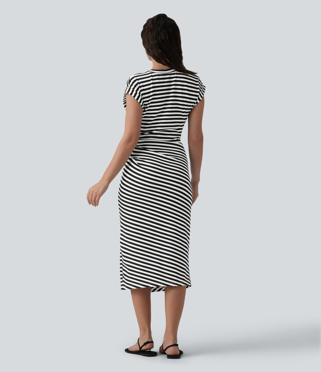 Round Neck Short Sleeve Asymmetrical Split Hem Stripes Waffle Casual Midi T-Shirt Dress — Black White Horizontal Stripe — view 2