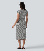 Round Neck Short Sleeve Asymmetrical Split Hem Stripes Waffle Casual Midi T-Shirt Dress — Black White Horizontal Stripe — view 2